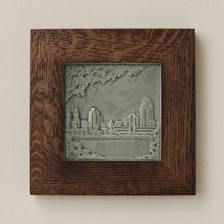 Rookwood Cincinnati Skyline City Scene art tile in a dark walnut wood frame