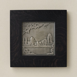 Rookwood Cincinnati Skyline City Scene art tile in a black ebony wood frame