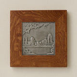 Rookwood Cincinnati Skyline City Scene art tile in a golden oak wood frame