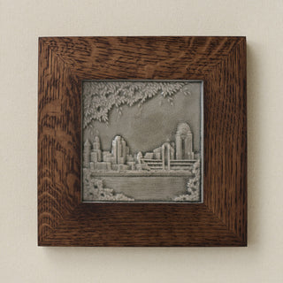 Rookwood Cincinnati Skyline City Scene art tile in a dark walnut wood frame