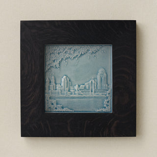 Rookwood Cincinnati Skyline City Scene art tile in a black ebony wood frame