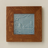 Rookwood Cincinnati Skyline City Scene art tile in a golden oak wood frame