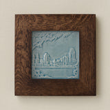 Rookwood Cincinnati Skyline City Scene art tile in a dark walnut wood frame