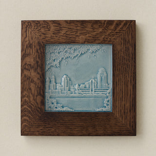 Rookwood Cincinnati Skyline City Scene art tile in a dark walnut wood frame