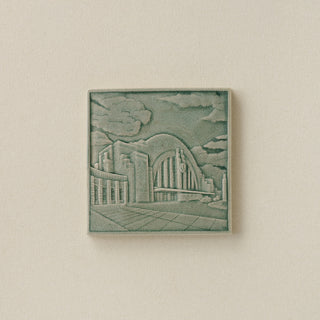 Green Rookwood City Scene art tile featuring Union Terminal in Cincinnati, unframed