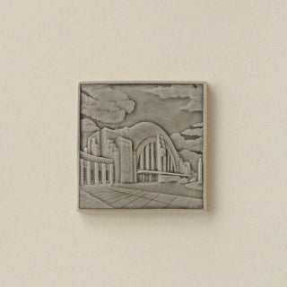 Gray Rookwood City Scene art tile featuring Union Terminal in Cincinnati, unframed