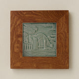Rookwood Union Terminal City Scene art tile in a golden oak wood frame