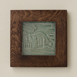 Rookwood Union Terminal City Scene art tile in a dark walnut wood frame