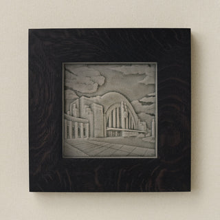 Rookwood Union Terminal City Scene art tile in a black ebony wood frame