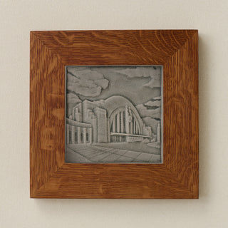 Rookwood Union Terminal City Scene art tile in a golden oak wood frame