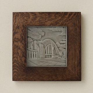 Rookwood Union Terminal City Scene art tile in a dark walnut wood frame