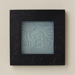 Rookwood Union Terminal City Scene art tile in a black ebony wood frame