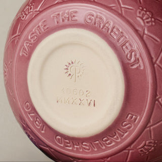 Close-up of the bottom of the Graeter's Rookwood ceramic bowl with embossed text reading 'TASTE THE GRAETEST' and 'ESTABLISHED 1870' around a white circular base.