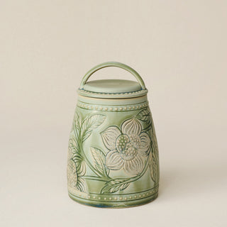 Hand-thrown and hand-glazed ceramic canister by Rookwood Pottery