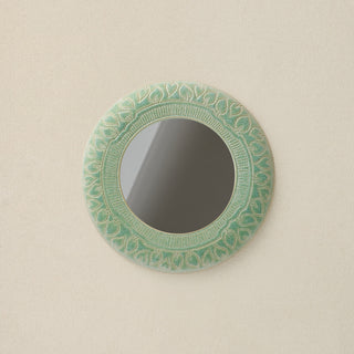 Hand-thrown and hand-glazed ceramic mirror by Rookwood Pottery