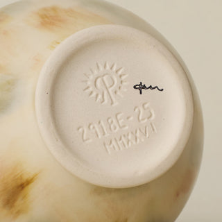 Close-up of the bottom of the Rookwood Boule Vase by Tammy Maloney. Includes cipher, Rookwood 'RP', mold number 2918E-25, and year of production: 2026.